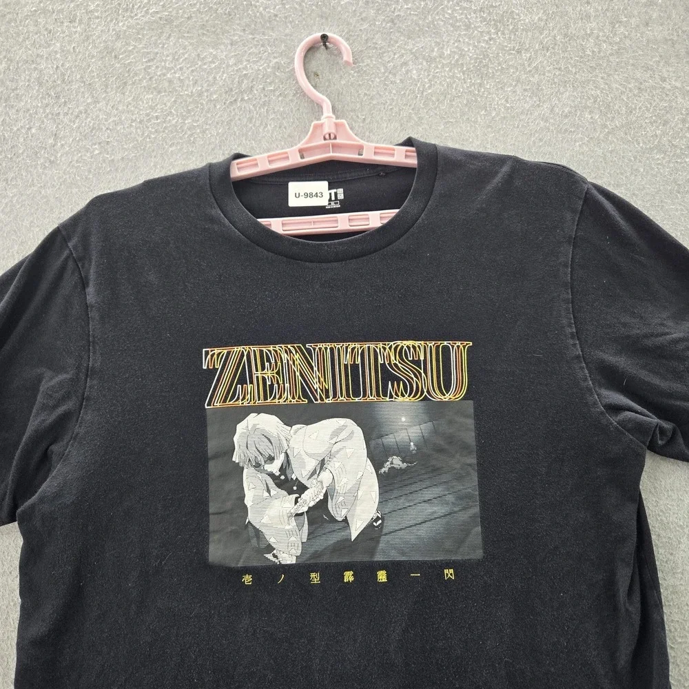Uniqlo x Demon Slayer Men Shirt XL Black Zenitsu Anime‎ Logo Short Sleeve